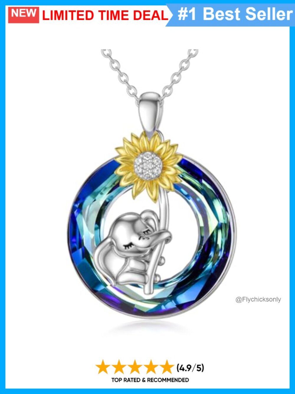 Sterling Silver Elephant Sunflower Pendant Necklace with Crystal
